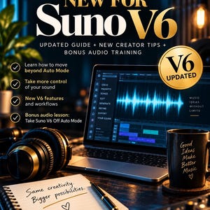 May include: A digital guide titled New for Suno V6 featuring an open laptop displaying audio waveforms, a black mug with the text Good Ideas Make Better Music, a notebook with the handwritten text Same creativity. Bigger possibilities., and headphones.