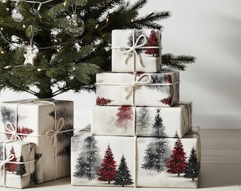 Red & Black Misty Forest Wrapping Paper: Modern Christmas Gift Wrap