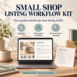 Puede incluir: Un kit de flujo de trabajo para pequeñas tiendas en descarga digital con un portátil que muestra una interfaz de borrador, una lista de verificación de resumen de producto y tres iconos circulares: Skill file, Copy-paste workflow y Product brief + example.