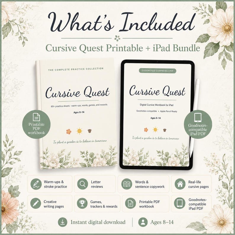 May include: A Cursive Quest printable and iPad bundle featuring a physical workbook and a digital tablet display. Both show the title Cursive Quest, ages 8-14, and the quote To plant a garden is to believe in tomorrow, decorated with floral illustrations.