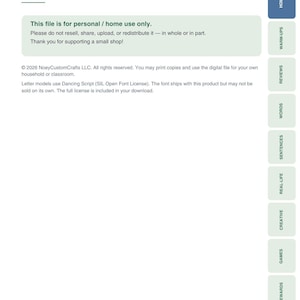 May include: A digital document page titled Personal Use Terms with a vertical navigation bar on the right side containing labels Home, Warm-ups, Reviews, Words, Sentences, Real-life, Creative, Games, and Rewards. The text outlines usage policies.