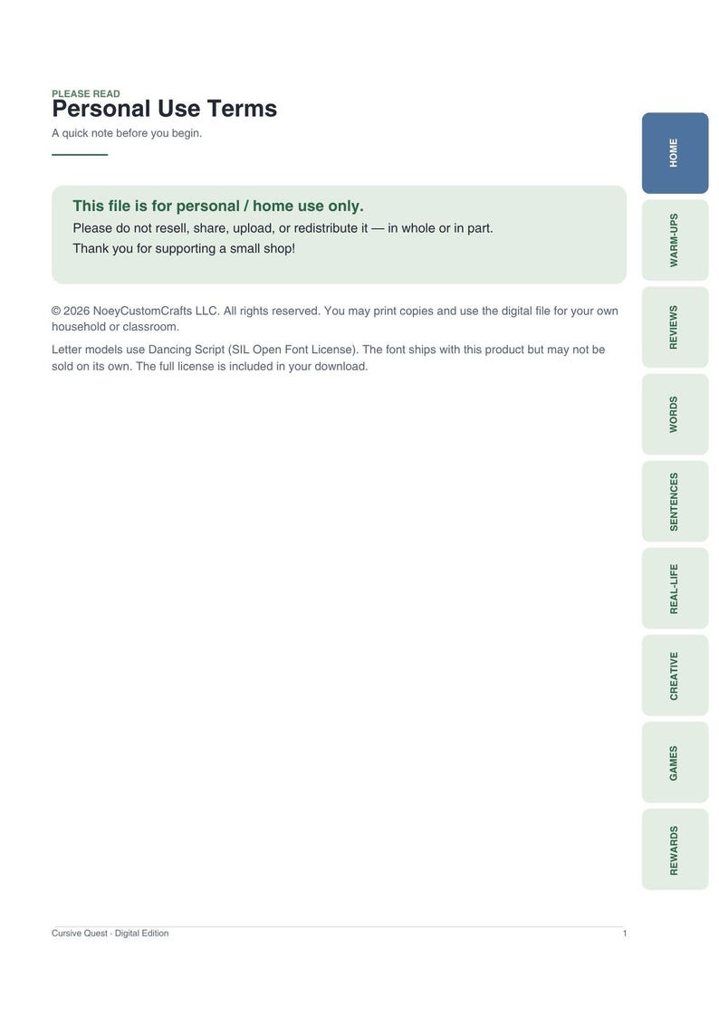 May include: A digital document page titled Personal Use Terms with a vertical navigation bar on the right side containing labels Home, Warm-ups, Reviews, Words, Sentences, Real-life, Creative, Games, and Rewards. The text outlines usage policies.