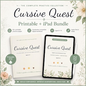 Könnte beinhalten: Ein Cursive Quest Übungsset bestehend aus einem gedruckten Arbeitsheft und einer digitalen iPad-Version. Das Cover zeigt den Titel Cursive Quest, das Alter 8-14 und den Text To plant a garden is to believe in tomorrow mit floralen Akzenten.