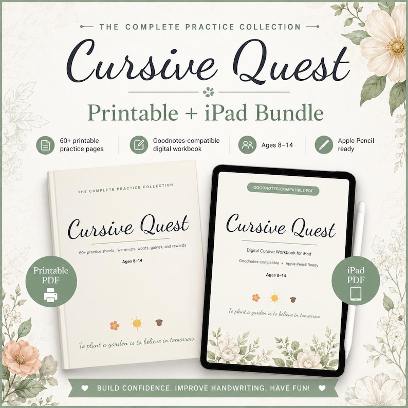 May include: A Cursive Quest practice collection bundle featuring a printed workbook and a digital iPad version. The cover displays the title Cursive Quest, ages 8-14, and the text To plant a garden is to believe in tomorrow with floral accents.