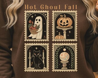 Hot Ghoul Fall Sweatshirt | Vintage Halloween Sweatshirt Women | Black Cat Crewneck | Funny Fall Sweatshirt | Halloween Gift Shirt