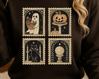 Halloween Stamps Sweatshirt | Vintage Halloween Crewneck | Black Cat Sweatshirt | Fall Sweatshirt Women | Halloween Gift Shirt