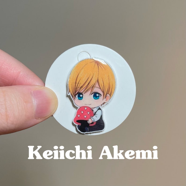 May include: A white circle with a cartoon image of a blonde boy holding a red mushroom. The text "Keiichi Akemi" is printed below the circle.