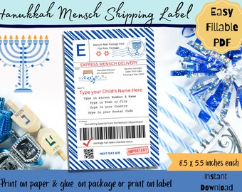 Hanukkah Mensch Mail Shipping Label Stickers Hanukkah Surprise Mail, INSTANT DOWNLOAD with EDITABLE name and address