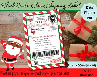 Black Santa Mail Shipping Labels North Pole Stickers Gift Tag Template, Mail from Santa, INSTANT DOWNLOAD EDITABLE Name & Address