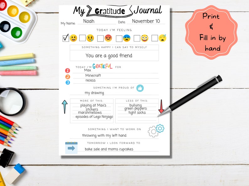 May include: A printable gratitude journal worksheet with a checklist for how you are feeling, a section for things you are grateful for, and a section for things you want to work on. The worksheet is titled "My Gratitude Journal" and includes the date November 10th.