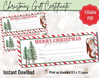 Printable Christmas Gift Certificate, Fillable Gift Certificate Voucher, Personalize PDF, Last Minute Christmas Gift Idea, Instant Download