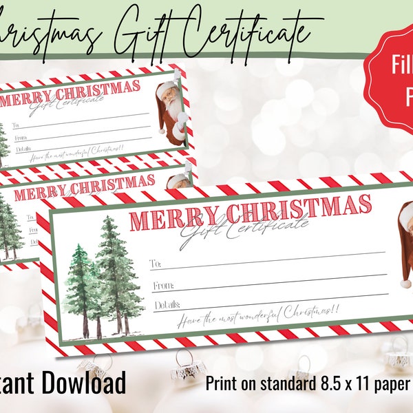 Printable Christmas Gift Certificate, Fillable Gift Certificate Voucher, Personalize PDF, Last Minute Christmas Gift Idea, Instant Download
