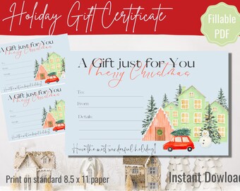 Printable Christmas Gift Certificate, Fillable Holiday Gift Certificate Voucher, Personalize, Last Minute Gift Idea, Instant Download