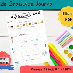 May include: Printable gratitude journal for kids with a colorful design. The journal includes sections for daily feelings, things to be grateful for, things to be proud of, and more. The journal is 8.5 x 11 inches and is a fillable PDF.