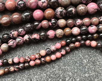 Rhodonite natural gemstone beads on a strand, 4 mm, 6 mm, 8 mm - natural stone semiprecious stone beads for making jewelry, necklaces, bracelets