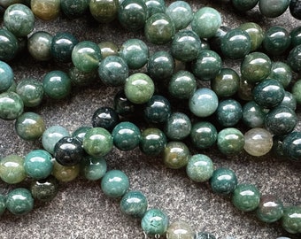 Natürliche Moosachat Perlen am Strang in 4/6/8/10 & 12mm, grüne Edelstein Naturstein Perlen zur Herstellung von Schmuck, Armband, Armkette