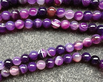 Purple striped agate gemstone beads on a strand in 4 mm, 6 mm & 8 mm, purple striped agate beads for jewelry making, bracelets, bangles