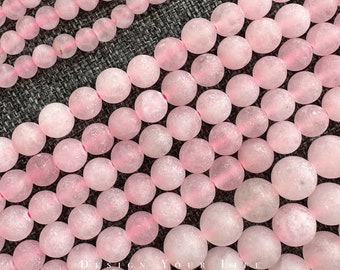 Natural matte rose quartz gemstone beads on strand in 4 mm, 6 mm & 8 mm, pink natural stone semi-precious stone beads for making jewelry