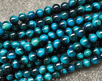 Tiger's Eye Sea Blue Gemstone Beads on a Strand, Half Strand, 4 mm 6 mm 8 mm, Natural Stone Beads Jewelry Beads for Making Bracelets and Necklaces