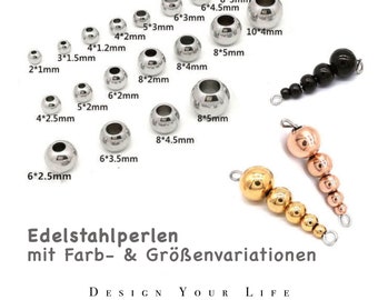 10 St. Edelstahlperlen in Silber, 18k Gold und 18k Rosegold in 2/3/4/5/6/6,5/8mm & variierte Innendurchmesser, Schmuckperlen, Zwischenperlen