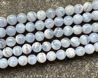 Natural Blue Lace Agate Gemstone Beads in 6 mm & 8 mm, Blue Agate Natural Stone Beads for Making Jewelry, Bracelet, Necklace