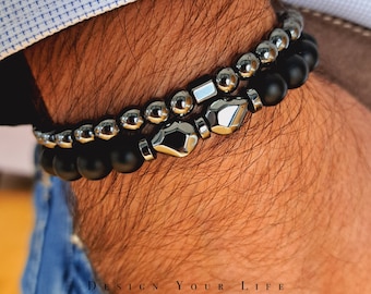 Armband für Männer Onyx - Hämatit - zwei Naturstein Armbänder als Kombi - Herrenarmband - Geschenk für Männer - Perlen Männer Armband