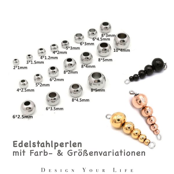 10 St. Edelstahlperlen in Silber, 18k Gold und 18k Rosegold in 2/3/4/5/6/6,5/8mm & variierte Innendurchmesser, Schmuckperlen, Zwischenperlen