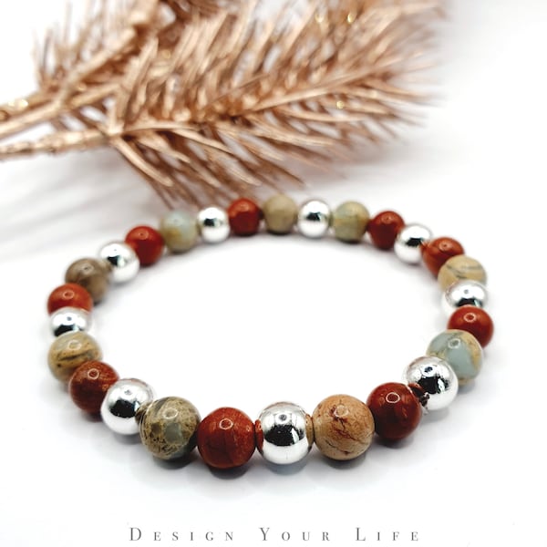 WAAGE Sternzeichen Armband aus Edelstein Perlen Serpentin Jaspis und roter Jaspis mit silber Hämatit - Perlenarmband aus Natursteinperlen
