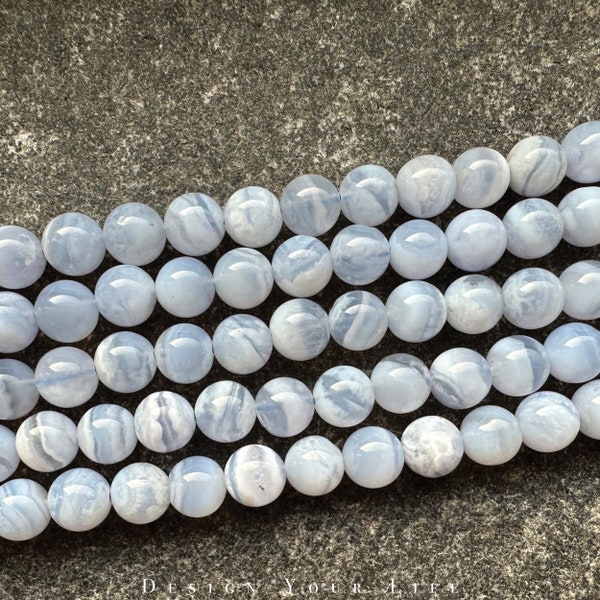 Natural Blue Lace Agate Gemstone Beads in 6 mm & 8 mm, Blue Agate Natural Stone Beads for Making Jewelry, Bracelet, Necklace