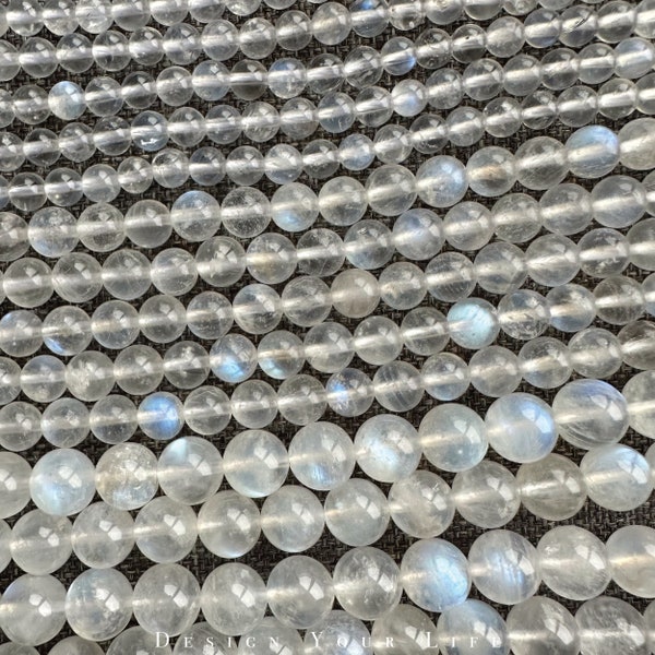 Natürliche hochwertige Mondstein Perlen mit blauem Flash am Strang in 4/6/8 & 10mm, Naturstein Edelstein Perlen zur Herstellung von Schmuck
