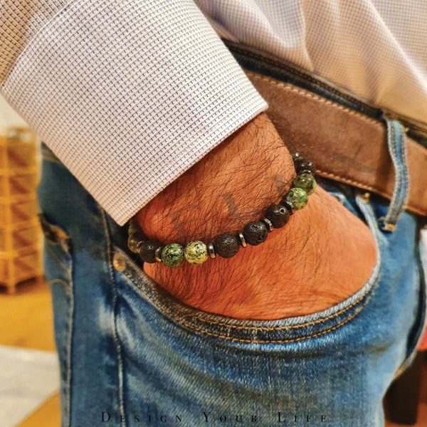 Armband Afrikanischer Türkis mit Lavasteinen - Naturstein Armband für Herren, Armkette, Perlenarmband - Herrenarmband - Geschenk für Männer