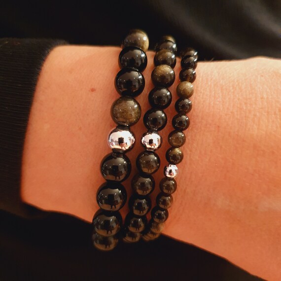 Bracelet Sur Mesure En Perles D'obsidienne Naturelle - Perles Rondes 8mm, Fait Main En France