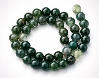 Fio de contas de ágata musgosa, pedra natural, 4 mm, 6 mm, 8 mm, 10 mm e 12 mm | Fio completo ou meio fio de contas de pedras preciosas | Ideal para confecção de joias DIY