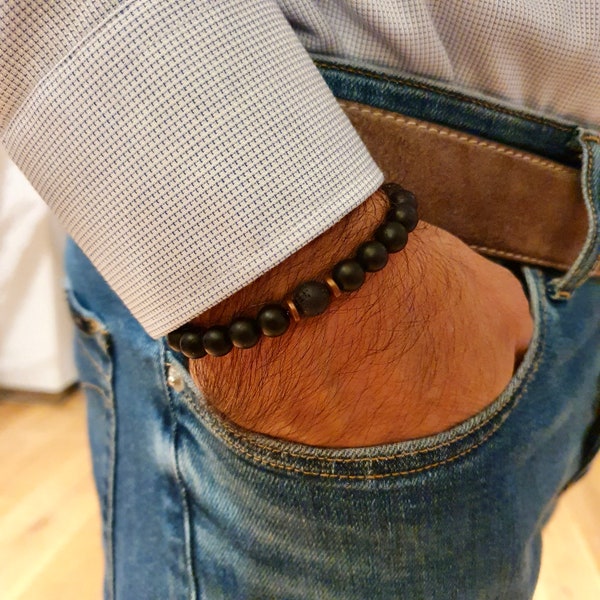 Armband Onyx mit Lava - Naturstein Armband - Perlenarmband - mit Hämatit 8mm - Herrenarmband - Geschenk für Männer - Männerarmband