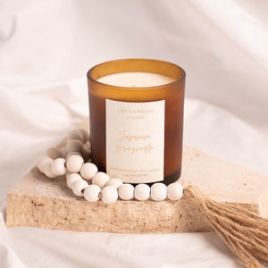 Japanese Honeysuckle Soy Wax Candle, 50+ Hours, Hand Poured Natural Candle in Amber Glass Jar with Timber Lid, Premium Australian Fragrance