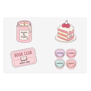 May include: A sticker sheet featuring four illustrations: a pink candle labeled chapter by chapter, a slice of pink cake topped with two cherries, a pink ticket labeled BOOK CLUB ADMIT ONE, and four heart-shaped candies labeled grumpy, sunshine, enemies, and lovers.