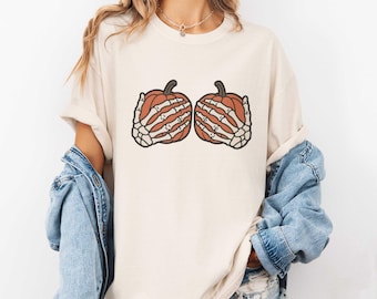 Skeleton Hands Pumpkin Shirt, Cute Halloween Tee, Spooky Fall Graphic T-Shirt, Pumpkin Lover Gift, Skeleton Halloween Shirt