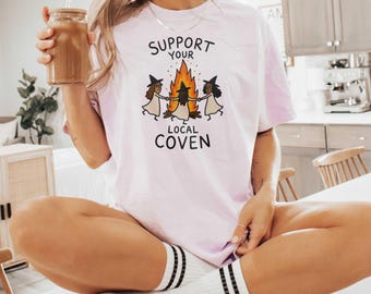 Support Your Local Coven Shirt, Cartoon Halloween Witch Tee, Unhinged Witchy Feminist Tee, Sarcastic Coven Tee, Autumn Goth Witch Gift