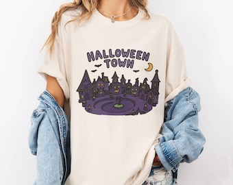 Halloween Town Shirt, Cute Haunted Village Graphic Tee, Purple Spooky Season T-Shirt, Vintage Halloween Shirt, Fall Graphic Gift