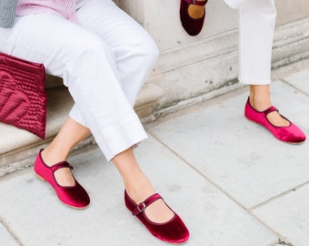 Red Velvet Mary Jane Shoes- Women Shoes- Women Ballet Shoes- Vintage Shoes