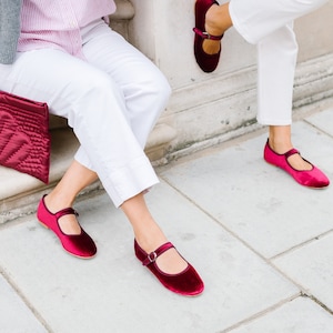 Red Velvet Mary Jane Shoes- Women Shoes- Women Ballet Shoes- Vintage Shoes