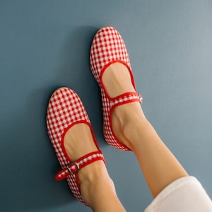 Red Gingham Mary Jane Shoes- Vintage Shoes- Flat Women Shoes