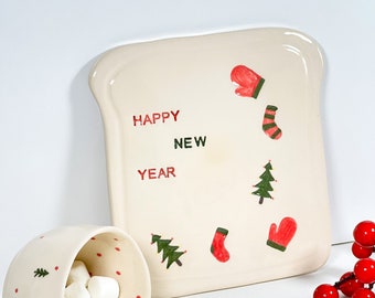 Happy New Year and Cheers Plate- Ceramic Plate- Christmas Gifts- Handmade Pottery Plate