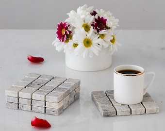 Silver Marble Coaster Set of 4, Stone Drink ware Set, Stone Coasters, Home Decor, Unique Gifts Idea
