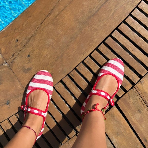 Red Striped Mary Jane Shoes- Vintage Shoes- Ballet Shoes for women