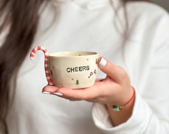 Christmas Mug - Cheers Cup for Coffee- Handmade Ceramic Mug-6 oz best gift for coffee lovers-