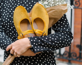 Mustard Velvet Mary Jane Shoes- Women Vintage Shoes- Ballet Shoes