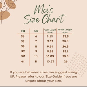 K&ouml;nnte beinhalten: Eine Gr&ouml;&szlig;entabelle mit dem Titel "Moi's Size Chart". Sie zeigt Schuhgr&ouml;&szlig;en in EU und US, sowie Fu&szlig;l&auml;ngen in Zoll und Zentimetern. Die Gr&ouml;&szlig;en reichen von EU 36 (US 6, 23,5 cm) bis EU 41 (US 11, 26 cm).