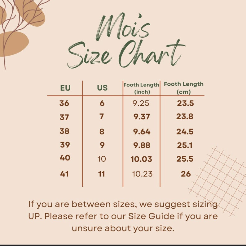 K&ouml;nnte beinhalten: Eine Gr&ouml;&szlig;entabelle mit dem Titel "Moi's Size Chart". Sie zeigt Schuhgr&ouml;&szlig;en in EU und US, sowie Fu&szlig;l&auml;ngen in Zoll und Zentimetern. Die Gr&ouml;&szlig;en reichen von EU 36 (US 6, 23,5 cm) bis EU 41 (US 11, 26 cm).