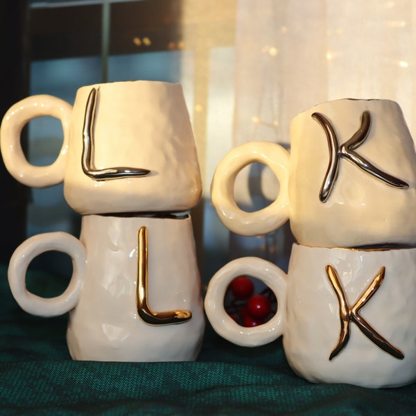 Handmade Ceramic Letter Mug- Initial Cup- Stoneware Coffee Mug